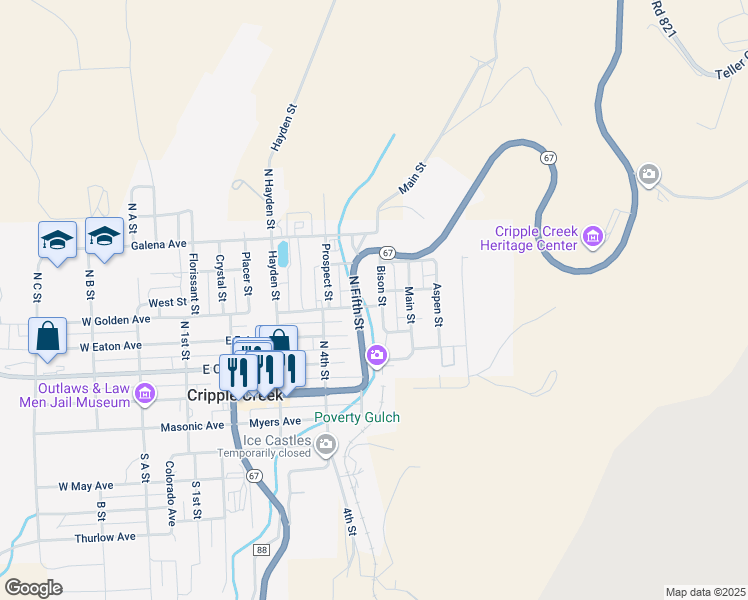 map of restaurants, bars, coffee shops, grocery stores, and more near 511 East Golden Avenue in Cripple Creek
