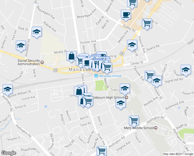 map of restaurants, bars, coffee shops, grocery stores, and more near 9106 Prince William Street in Manassas