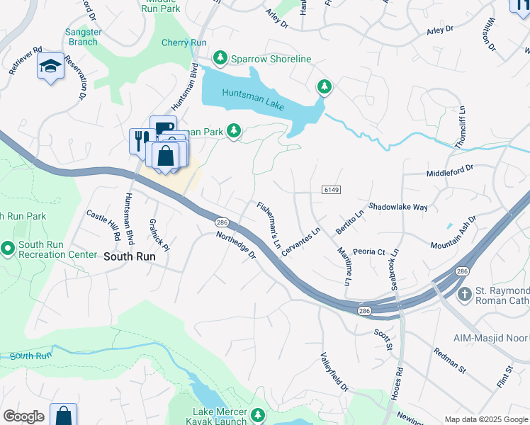 map of restaurants, bars, coffee shops, grocery stores, and more near 9127 Fisherman's Lane in Springfield
