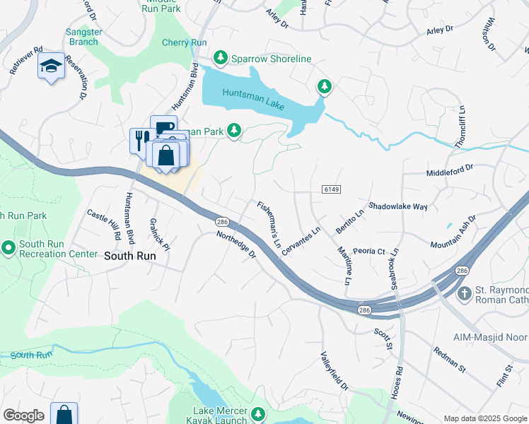 map of restaurants, bars, coffee shops, grocery stores, and more near 9127 Fisherman's Lane in Springfield