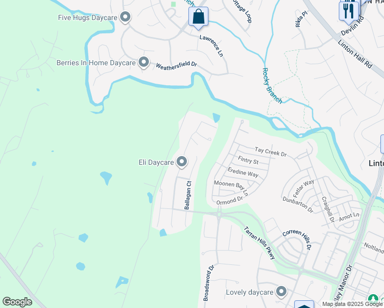 map of restaurants, bars, coffee shops, grocery stores, and more near 9504 Ballagan Court in Bristow