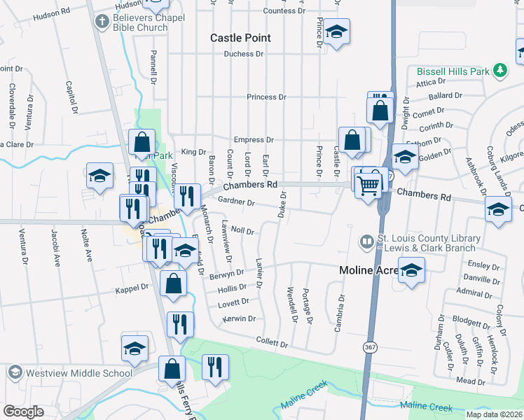 map of restaurants, bars, coffee shops, grocery stores, and more near 2344 Gardner Drive in St. Louis