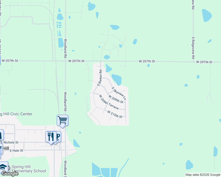 map of restaurants, bars, coffee shops, grocery stores, and more near 20820 South Skyview Lane in Spring Hill