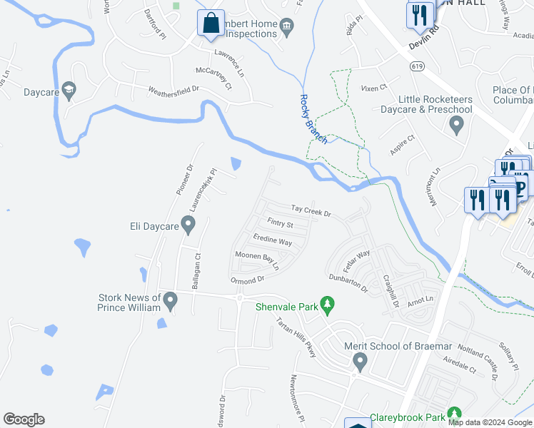 map of restaurants, bars, coffee shops, grocery stores, and more near 9533 Fintry Street in Bristow