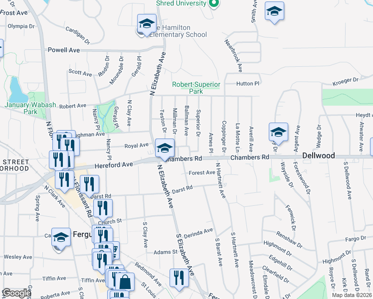 map of restaurants, bars, coffee shops, grocery stores, and more near 609 Chambers Road in Ferguson