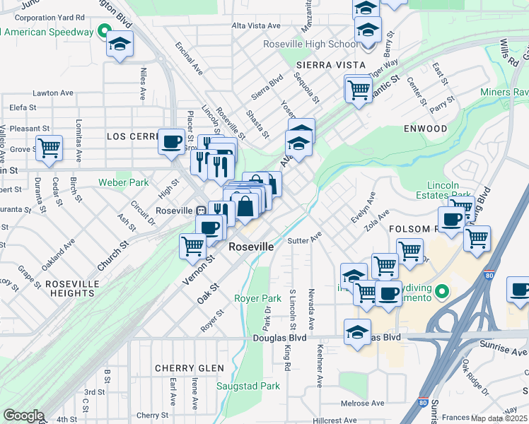 map of restaurants, bars, coffee shops, grocery stores, and more near 105 Lincoln Street in Roseville