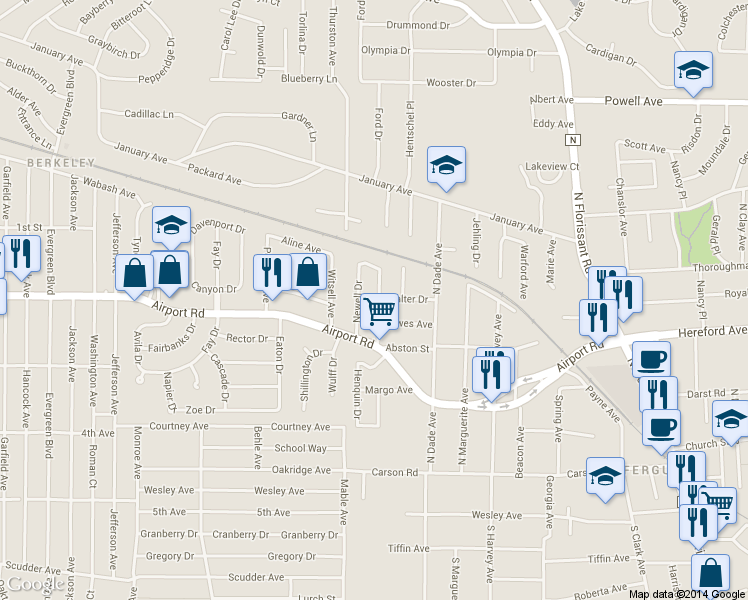 map of restaurants, bars, coffee shops, grocery stores, and more near 229 Henquin Drive in Ferguson