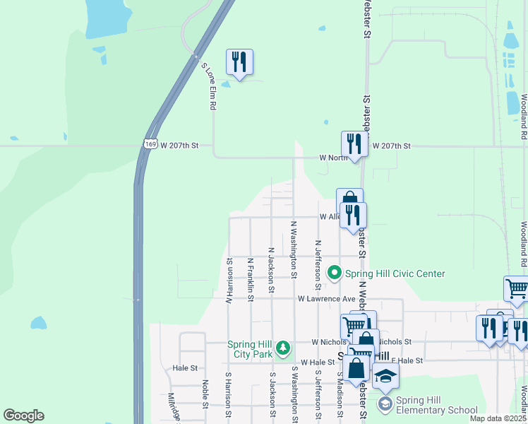 map of restaurants, bars, coffee shops, grocery stores, and more near 501 West Allen Street in Spring Hill