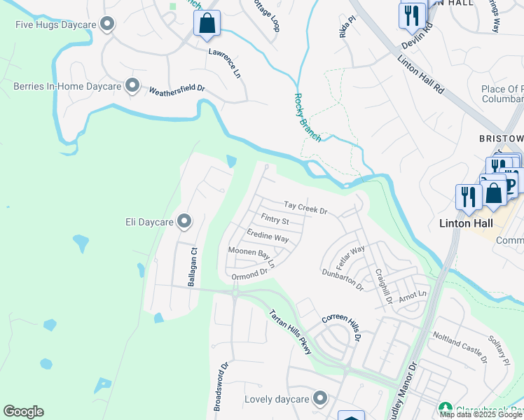 map of restaurants, bars, coffee shops, grocery stores, and more near 9533 Fintry Street in Bristow