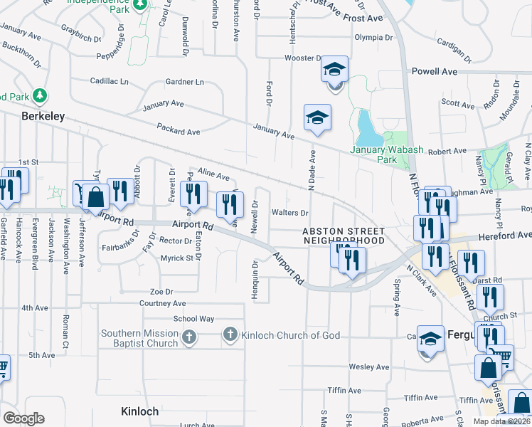 map of restaurants, bars, coffee shops, grocery stores, and more near 229 Henquin Drive in Ferguson