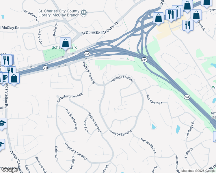 map of restaurants, bars, coffee shops, grocery stores, and more near 2774 Heritage Landing in Saint Charles