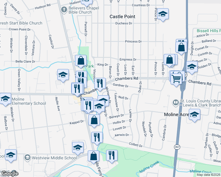 map of restaurants, bars, coffee shops, grocery stores, and more near 9859 Monarch Drive in St. Louis