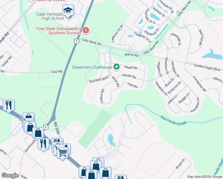 map of restaurants, bars, coffee shops, grocery stores, and more near 12203 Collins Road in Lewes