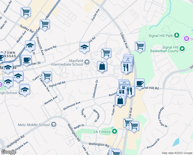 map of restaurants, bars, coffee shops, grocery stores, and more near Signal Hill Road in Manassas