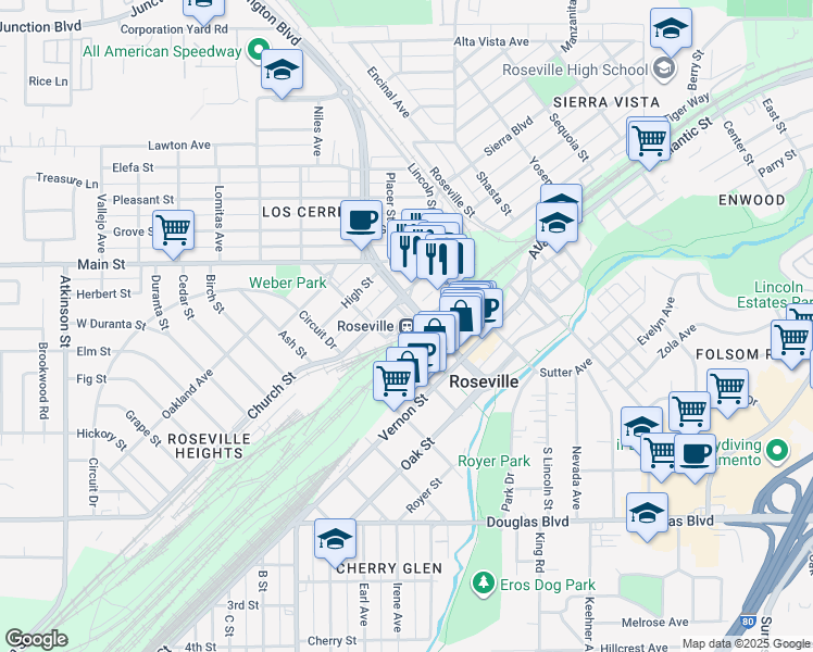 map of restaurants, bars, coffee shops, grocery stores, and more near 201 Pacific Street in Roseville