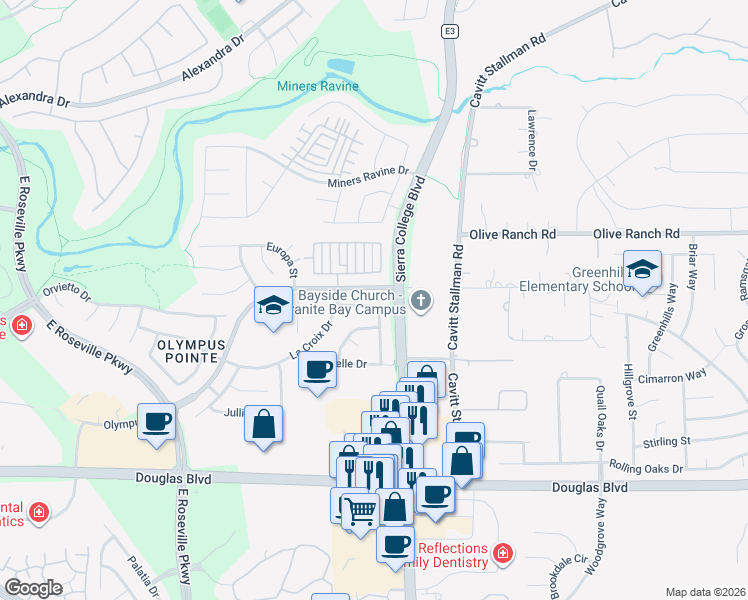 map of restaurants, bars, coffee shops, grocery stores, and more near 2540 Du Bois Drive in Roseville