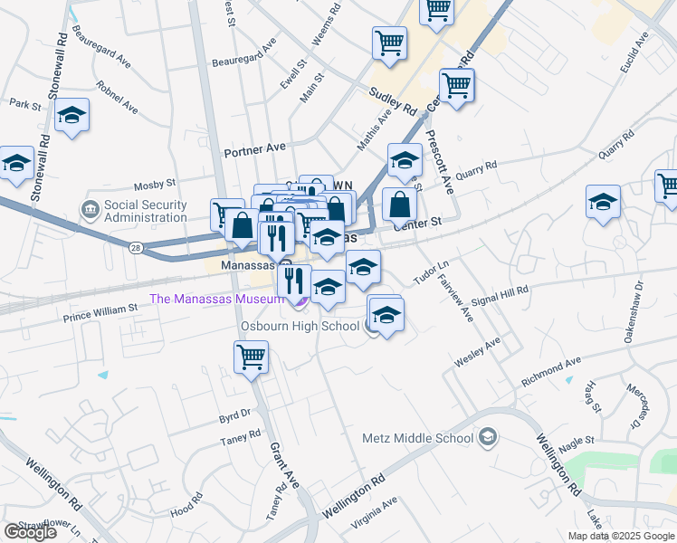 map of restaurants, bars, coffee shops, grocery stores, and more near in Manassas