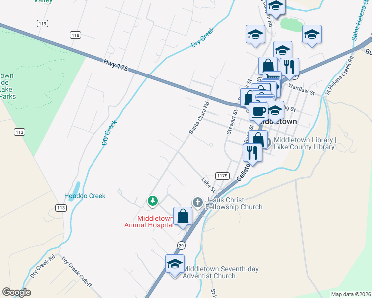 map of restaurants, bars, coffee shops, grocery stores, and more near 21264 Santa Clara Road in Middletown
