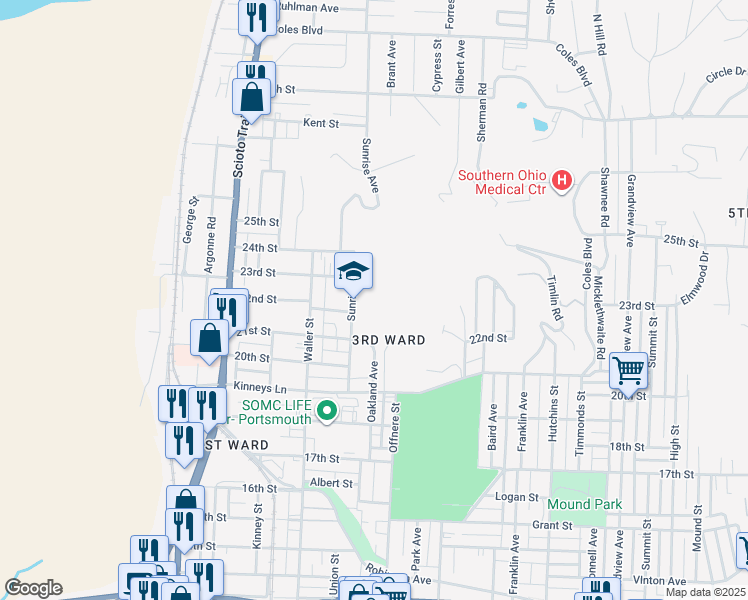 map of restaurants, bars, coffee shops, grocery stores, and more near 2220 Sunrise Avenue in Portsmouth