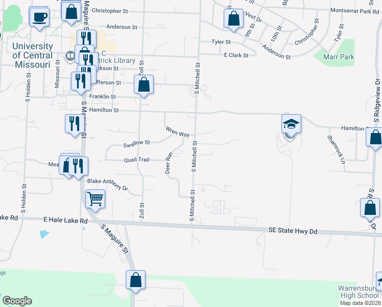 map of restaurants, bars, coffee shops, grocery stores, and more near 1004 South Mitchell Street in Warrensburg