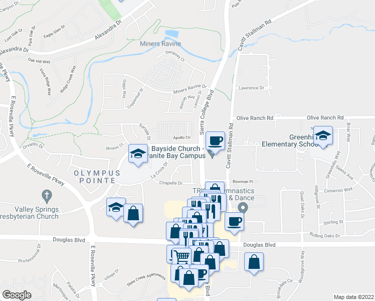 map of restaurants, bars, coffee shops, grocery stores, and more near 2560 Du Bois Drive in Roseville