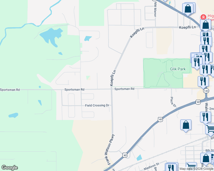 map of restaurants, bars, coffee shops, grocery stores, and more near 12334-12390 Sportsman Road in Highland