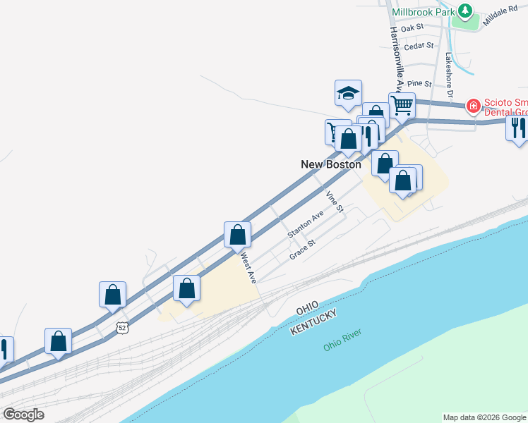 map of restaurants, bars, coffee shops, grocery stores, and more near 3743 Ohio River Scenic Byway in New Boston