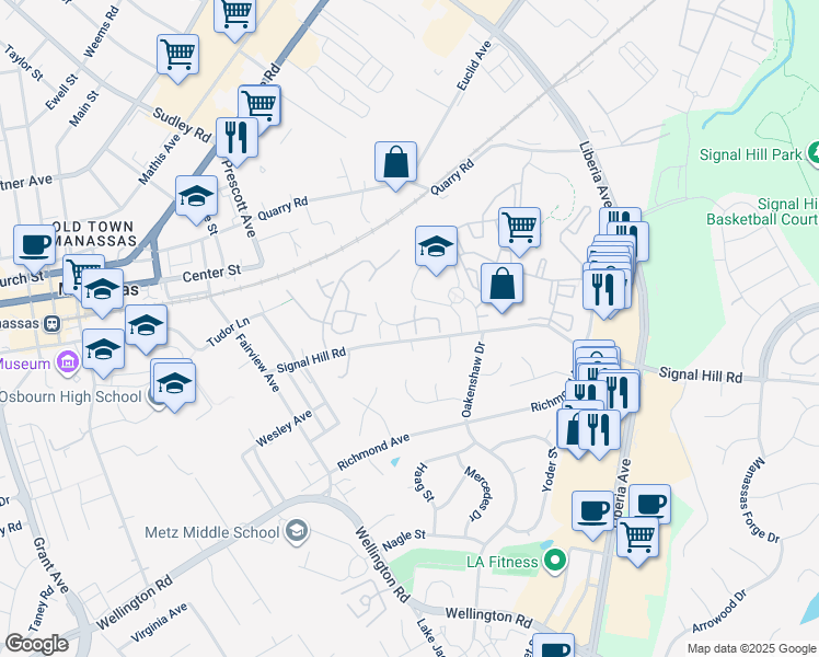 map of restaurants, bars, coffee shops, grocery stores, and more near 9510 Brigantine Lane in Manassas