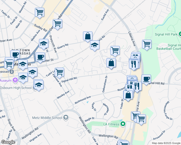 map of restaurants, bars, coffee shops, grocery stores, and more near 9510 Brigantine Lane in Manassas