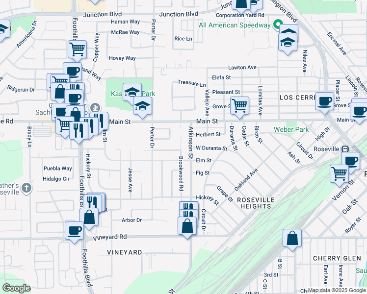 map of restaurants, bars, coffee shops, grocery stores, and more near 501 Brookwood Road in Roseville