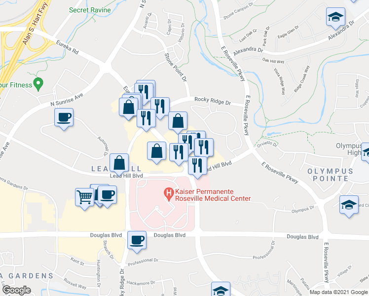 map of restaurants, bars, coffee shops, grocery stores, and more near 1555 Eureka Road in Roseville