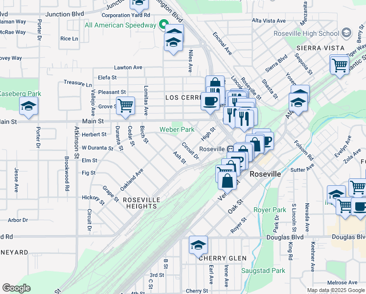 map of restaurants, bars, coffee shops, grocery stores, and more near 406 Berkeley Avenue in Roseville