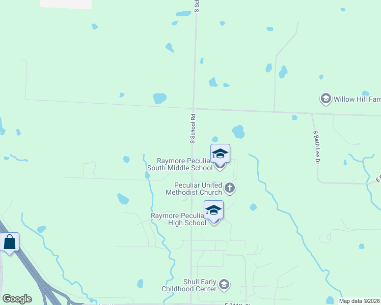 map of restaurants, bars, coffee shops, grocery stores, and more near 20820 South School Road in Peculiar