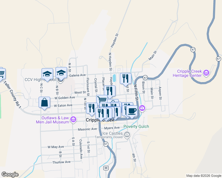 map of restaurants, bars, coffee shops, grocery stores, and more near 121 Hayden Street in Cripple Creek