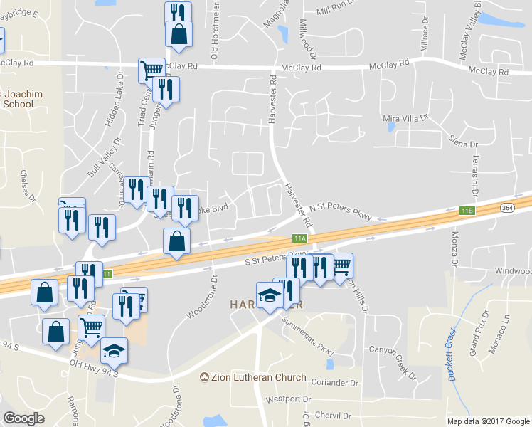map of restaurants, bars, coffee shops, grocery stores, and more near 460 Saint James Court in St. Peters