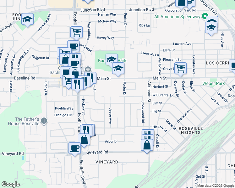 map of restaurants, bars, coffee shops, grocery stores, and more near 1300 Elm Street in Roseville