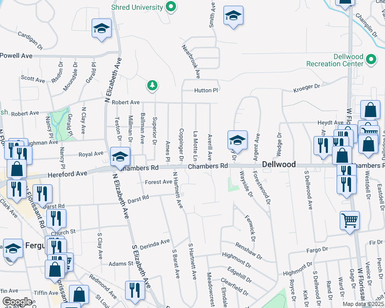 map of restaurants, bars, coffee shops, grocery stores, and more near 202 La Motte Lane in Ferguson