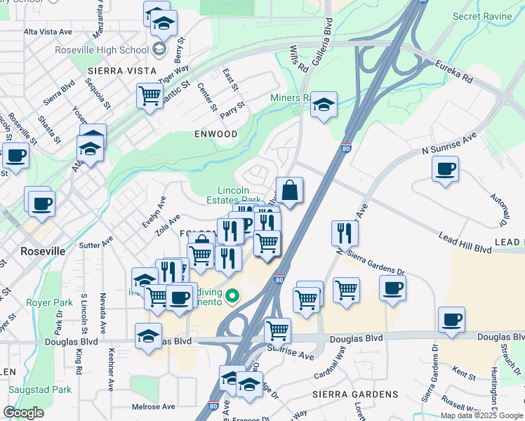 map of restaurants, bars, coffee shops, grocery stores, and more near 223 Mahan Court in Roseville