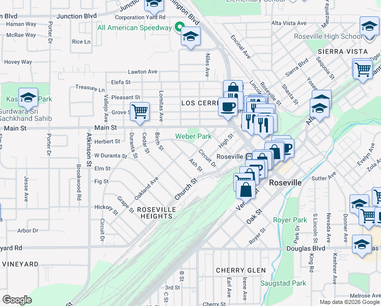 map of restaurants, bars, coffee shops, grocery stores, and more near 137 Ash Street in Roseville