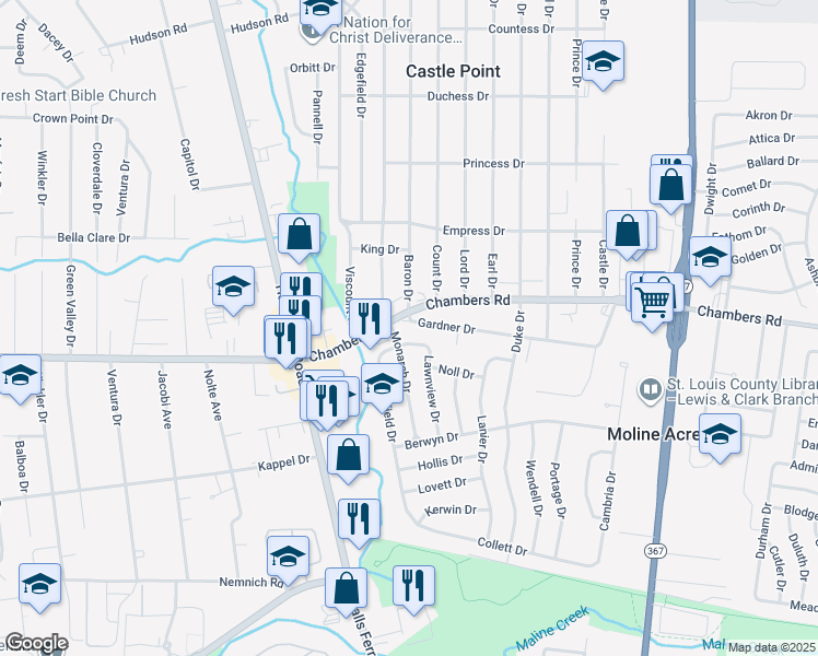 map of restaurants, bars, coffee shops, grocery stores, and more near 9859 Monarch Drive in St. Louis