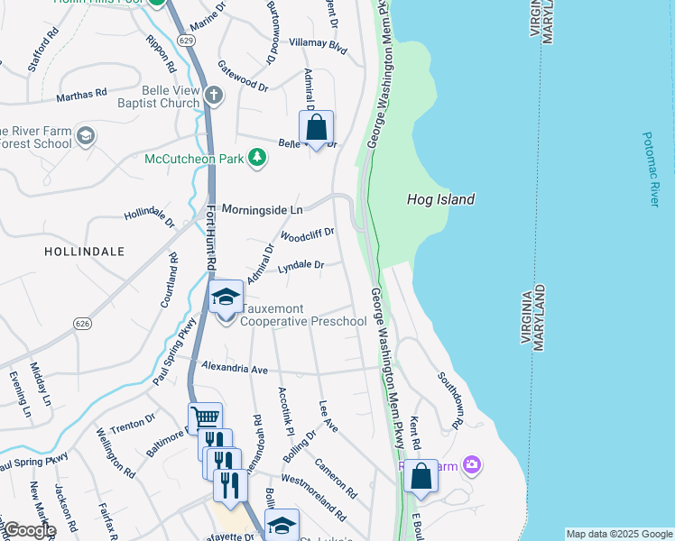 map of restaurants, bars, coffee shops, grocery stores, and more near 7608 Ridgecrest Drive in Alexandria