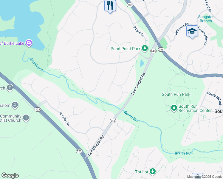 map of restaurants, bars, coffee shops, grocery stores, and more near 7523 Rambling Ridge Drive in Fairfax Station