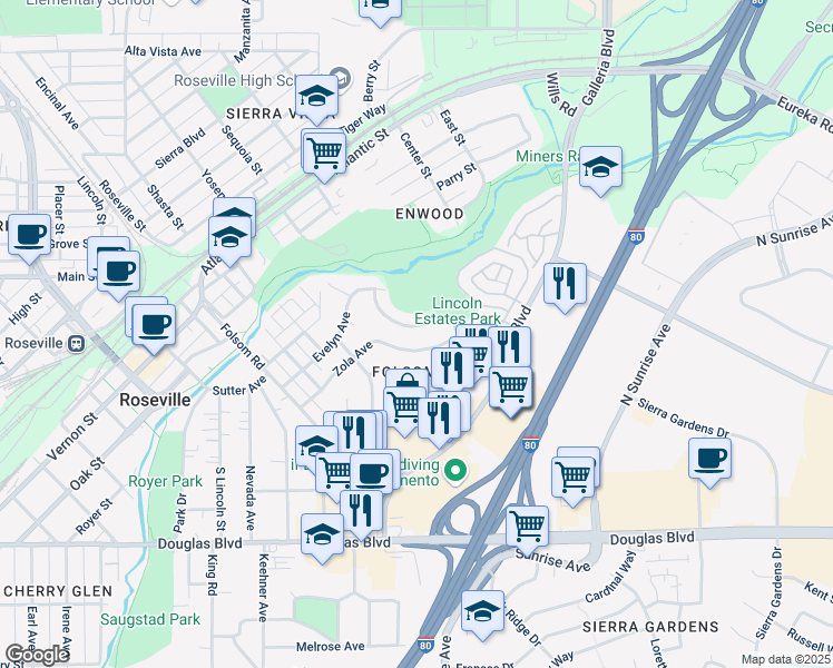 map of restaurants, bars, coffee shops, grocery stores, and more near 320 James Drive in Roseville