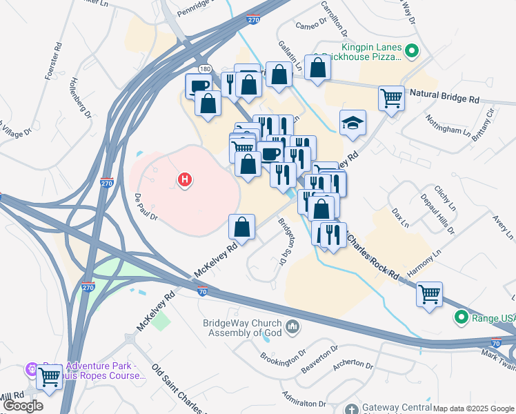 map of restaurants, bars, coffee shops, grocery stores, and more near 12222 Saint Charles Rock Road in Bridgeton