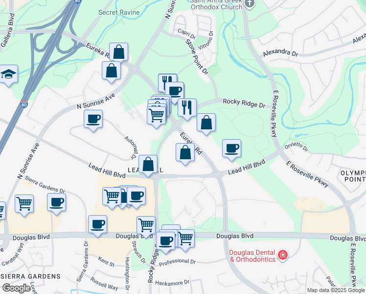 map of restaurants, bars, coffee shops, grocery stores, and more near 1500 Eureka Road in Roseville