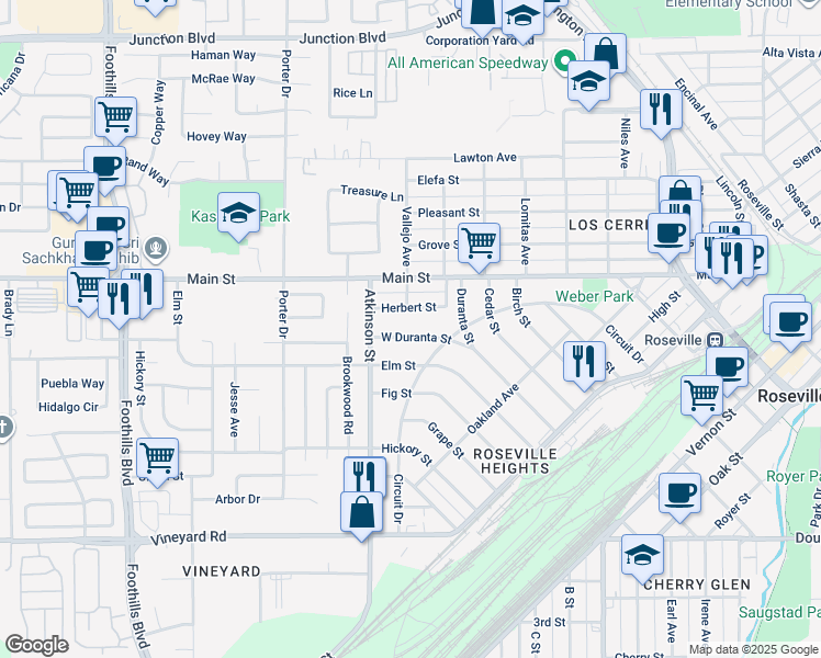 map of restaurants, bars, coffee shops, grocery stores, and more near 810 Herbert Street in Roseville