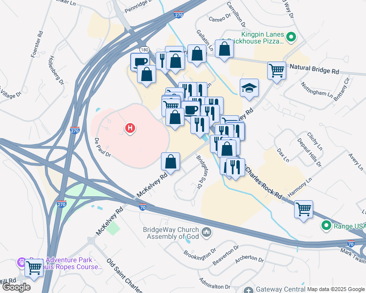 map of restaurants, bars, coffee shops, grocery stores, and more near 12222 Saint Charles Rock Road in Bridgeton