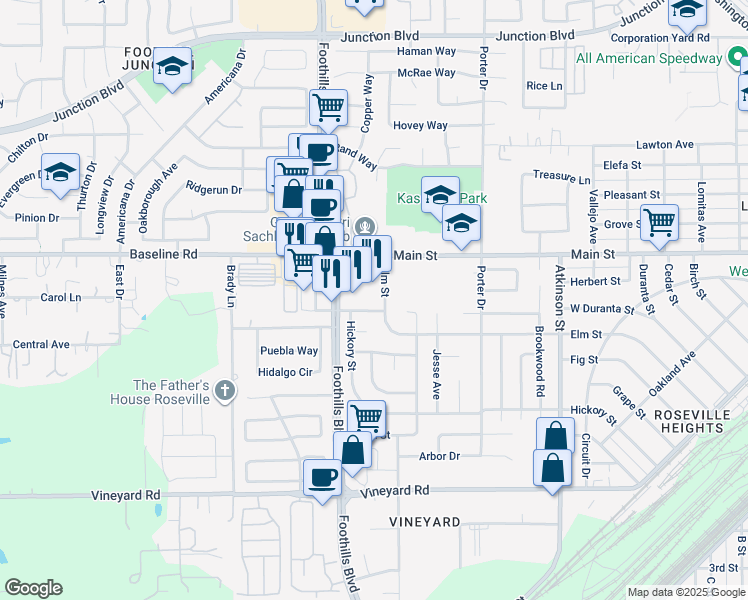 map of restaurants, bars, coffee shops, grocery stores, and more near 3989 Foothills Blvd in Roseville