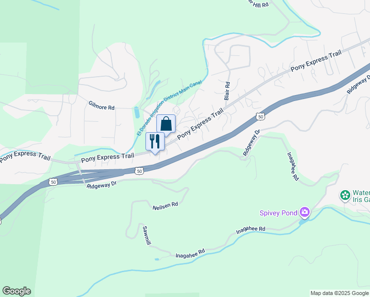 map of restaurants, bars, coffee shops, grocery stores, and more near 5660 Pony Express Trail in Camino