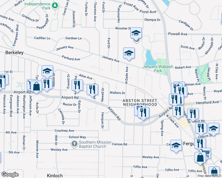 map of restaurants, bars, coffee shops, grocery stores, and more near 324 Newell Drive in Ferguson